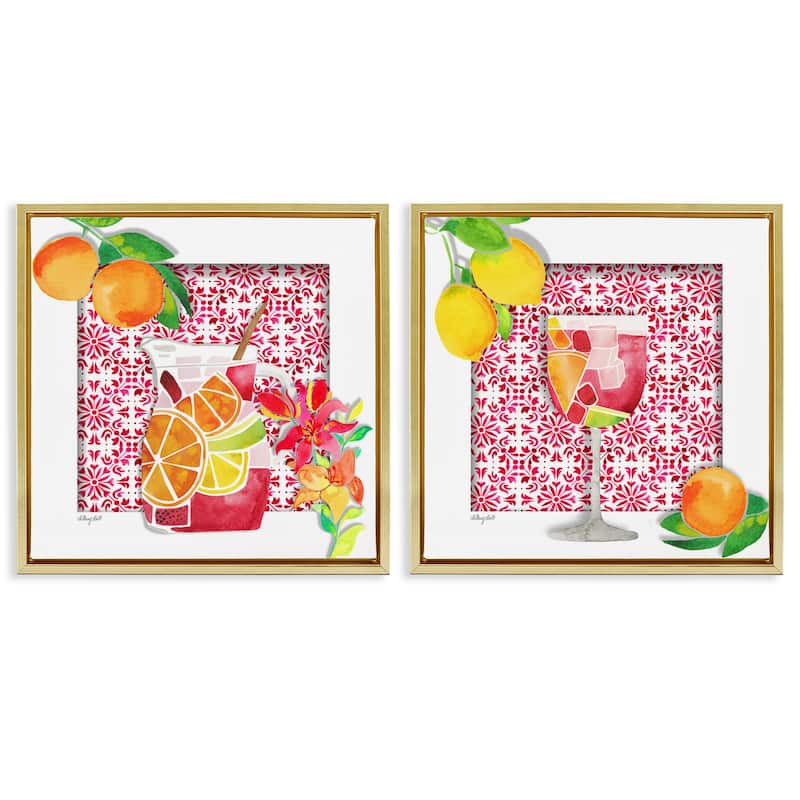 Stupell Sangria Pitcher & Glass Framed Floater Canvas Wall Art Design By Hillary Holt (Set of 2) - 25 x 25 - Gold