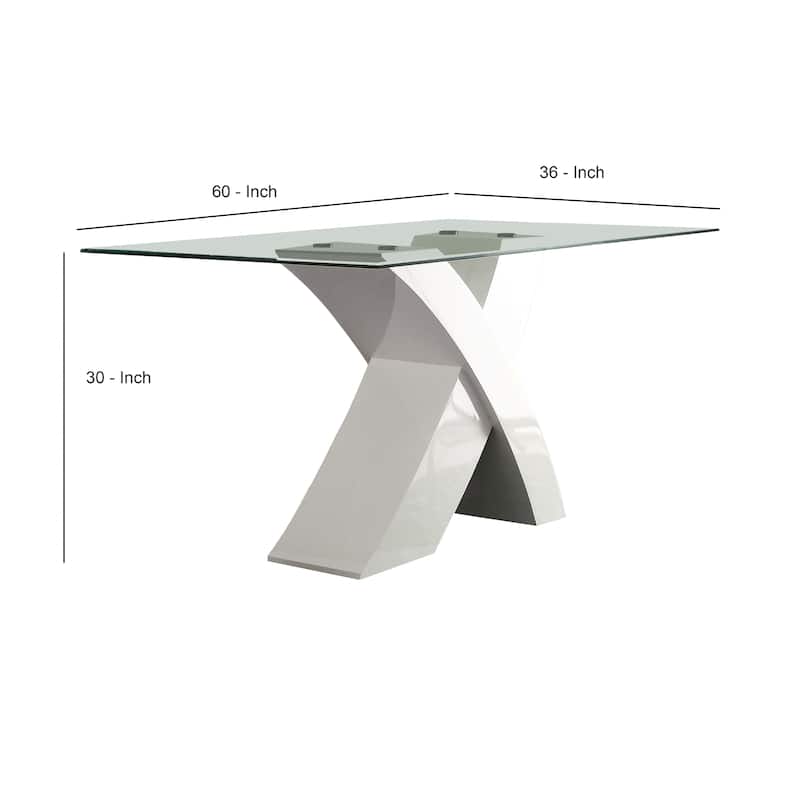 Glass Top Dining Table With X Shape Wooden Base, White and Clear