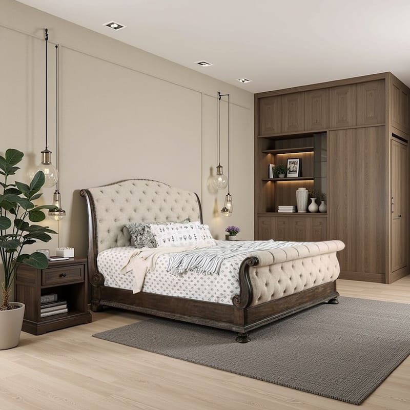 Queen Size Bed with Fabric Upholstery, Beige and Brown