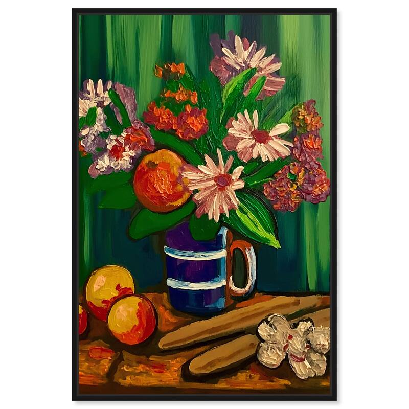 Art Remedy Floral Vase And Fruits Framed Flowers In Vase Paintings - 21 x 31 - Black