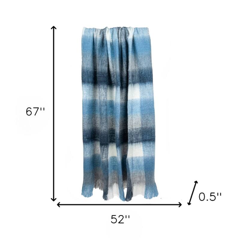 HomeRoots 52" X 67" Gray Ivory and Blue Woven Wool Blend Plaid Throw Blanket with Fringe