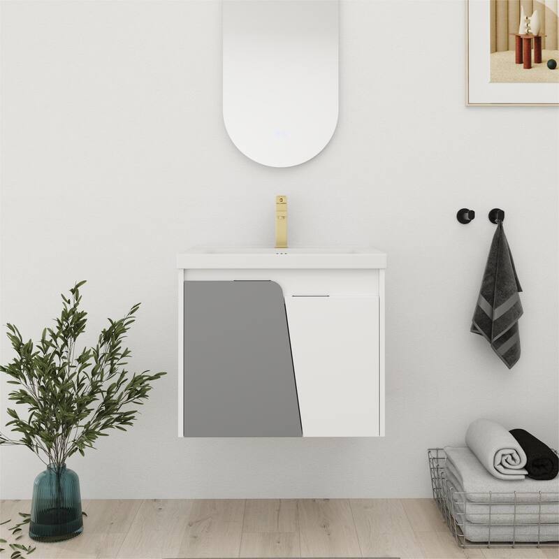 Bathroom Vanity With Sink In 24/28 Inch, Floating Bathroom Vanity With Soft Close Door - 23.8"W x 18.5"D x 20.7"H - White Gray
