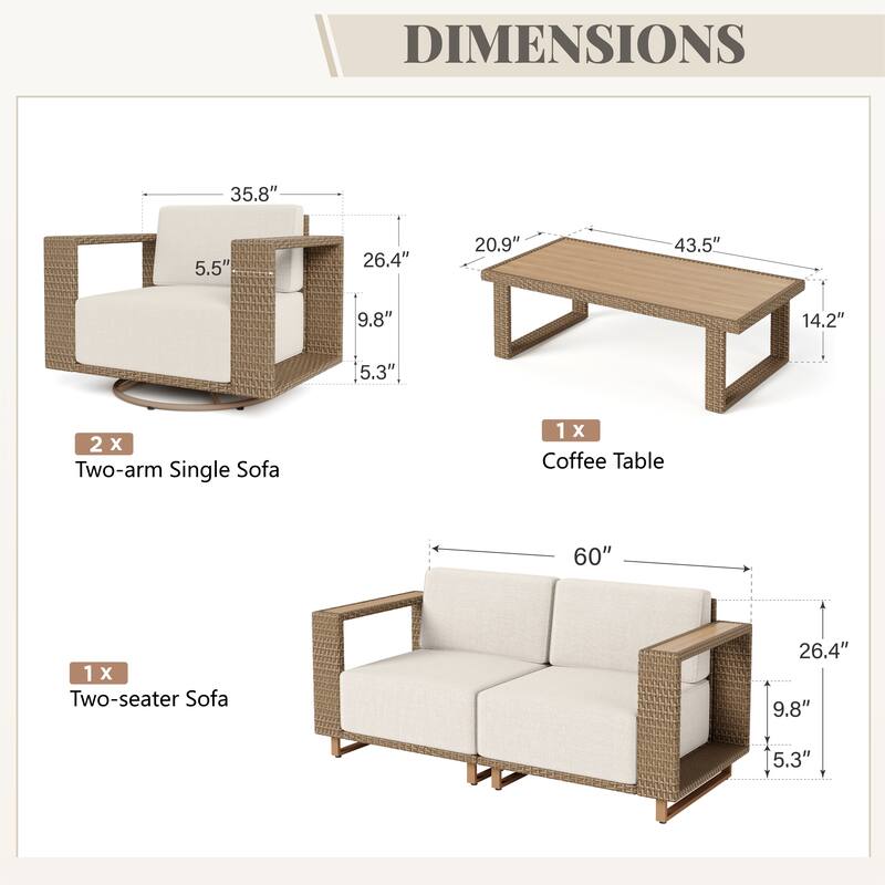 MAISON ARTS Modular Rattan Patio Sofa Set, All-Weather PE Wicker 4/6/8-Seat Sectional, Stationary or Swivel Chairs