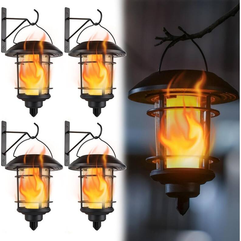 4 Pack Solar Flame Wall Lanterns Outdoor, Solar Powered - Warm White - Warm White
