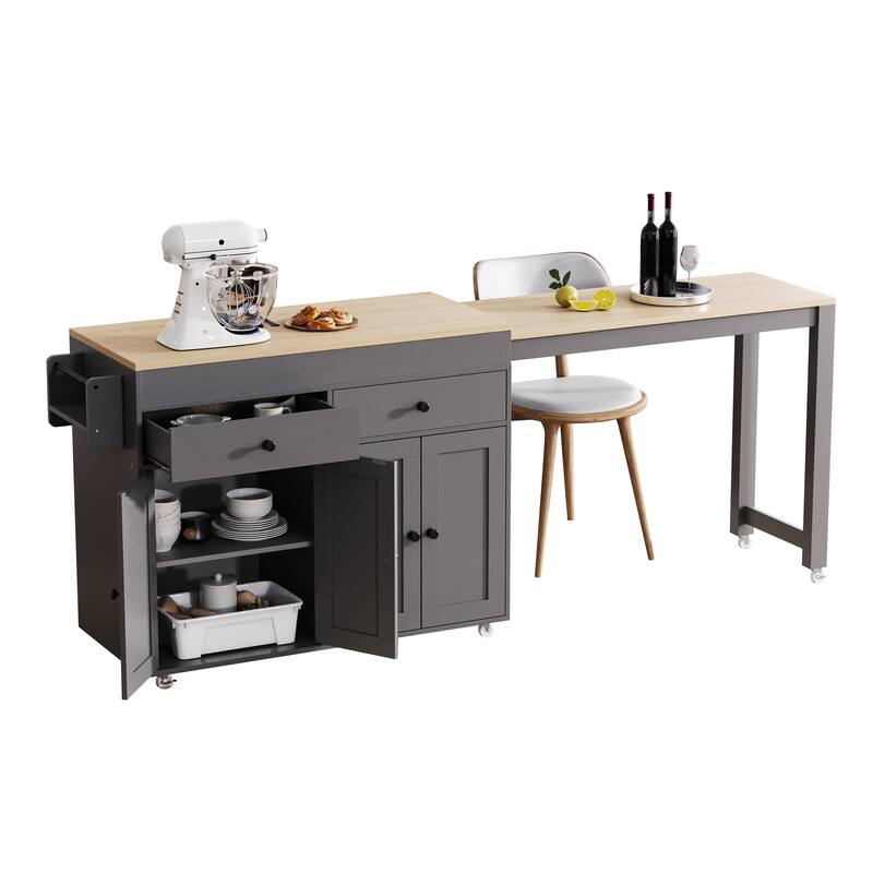 Kitchen Island with Extendable Dining Table, Rolling Island Cart on Locking Wheels, Breakfast Bar with 2 Drawers & 4 Door