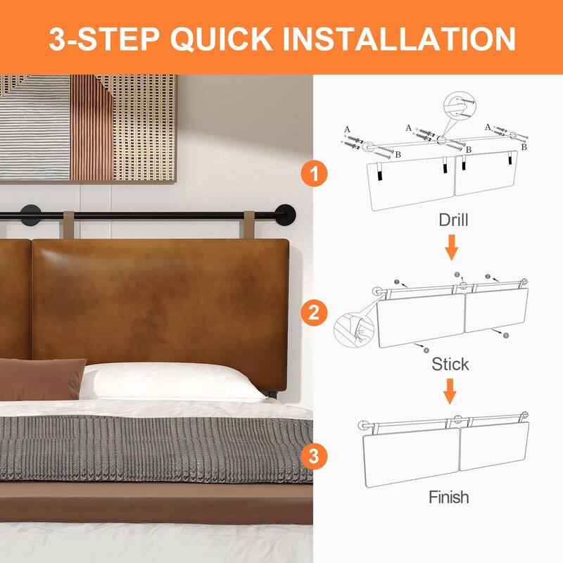 Wayna Modern Wall Mount Hanging Headboard, Faux Leather