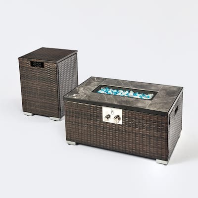 Outdoor Rectangle Metal Wicker Propane Fire Pit Table with Steel Tabletop and Separate Propane Tank Cover
