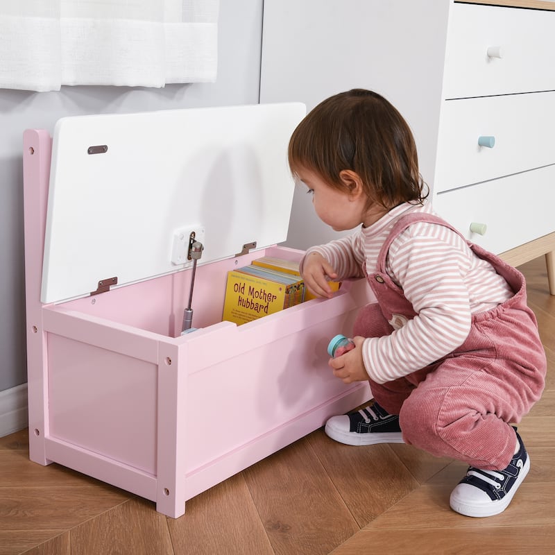 Qaba 2-IN-1 Wooden Toy Box Kids Seat Bench Storage Chest Cabinet Chunk Cube with Safety Pneumatic Rod - Pink