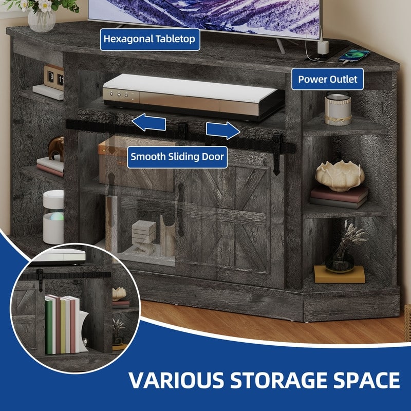 Moasis 47.2" W Corner TV Stand with Power Outlet, Barned-Door Cabinet