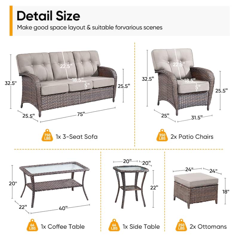Pocassy 7 Piece Ooutdoor Sofa with Patio Chair Ottoman Table