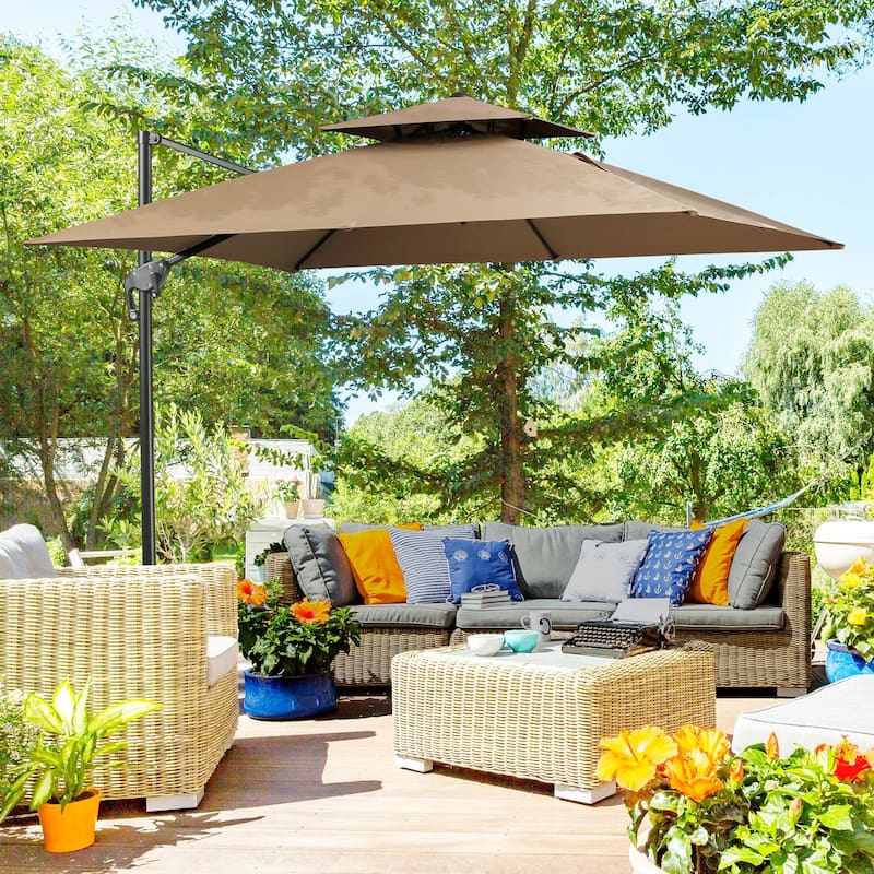 10ft Offset Patio Umbrella with Base,Double Top Hanging Aluminum Cantilever Umbrella with 360-degree Rotation,Easy Tilt,8 Ribs
