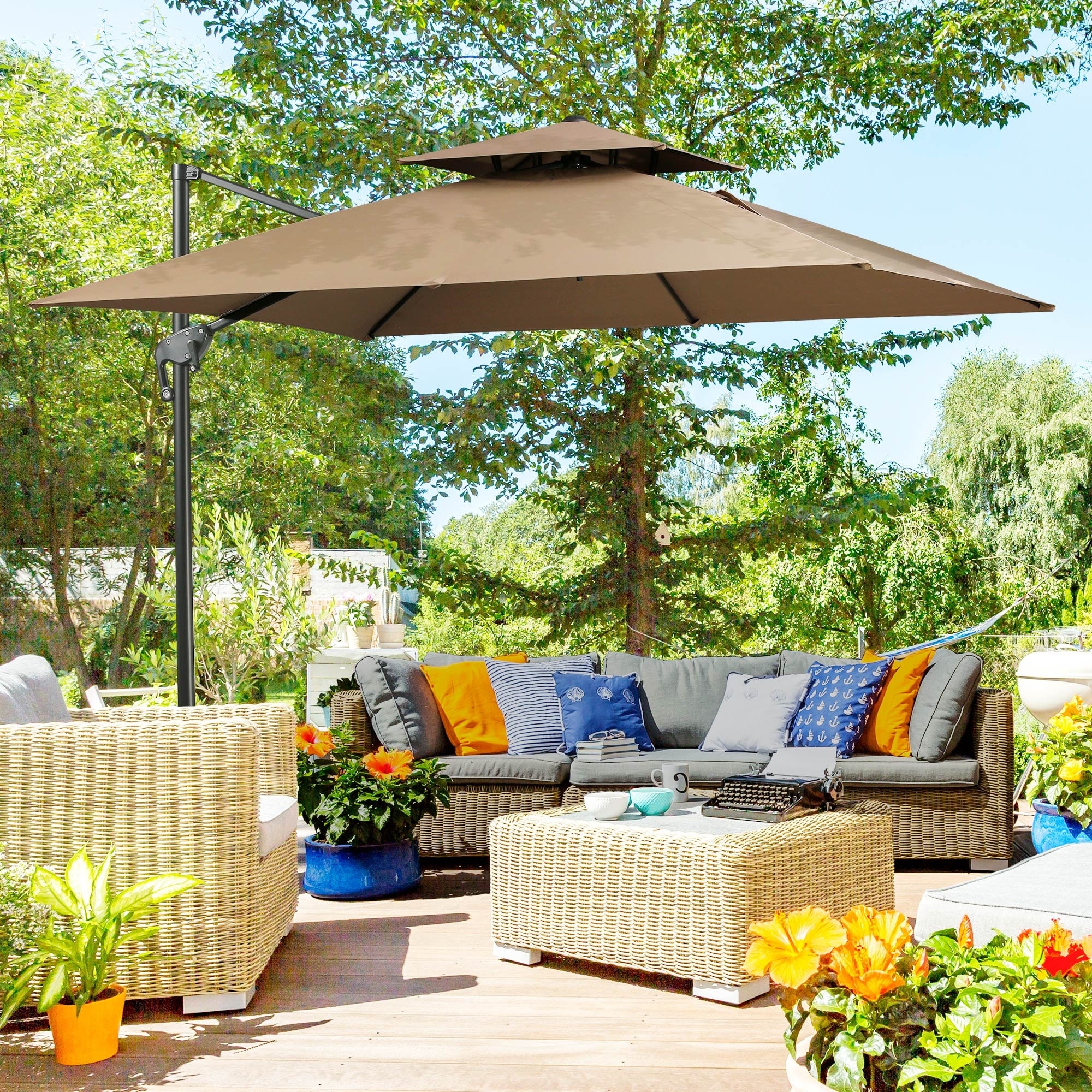 glucksteinhome 10 ft aluminum offset patio umbrella Grand 10x10 Patio Large Square Cantilever Umbrella Base Included for Deck Porch (Champagne, 10x10 FT) : Patio, Lawn & Garden you can easily walk underneath the opened umbrella Best Choice Products Offset Hanging