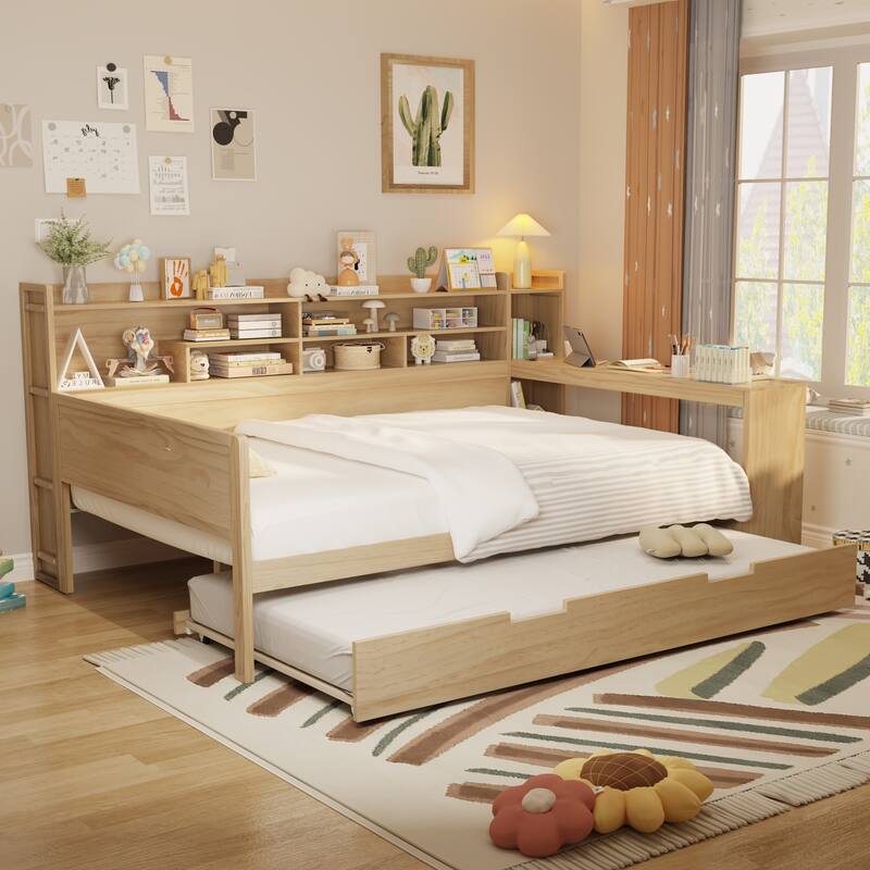 Multi-Functional Full Size Daybed with Study Desk & Storage Shelves, Includes Twin Trundle Bed, Natural Wood