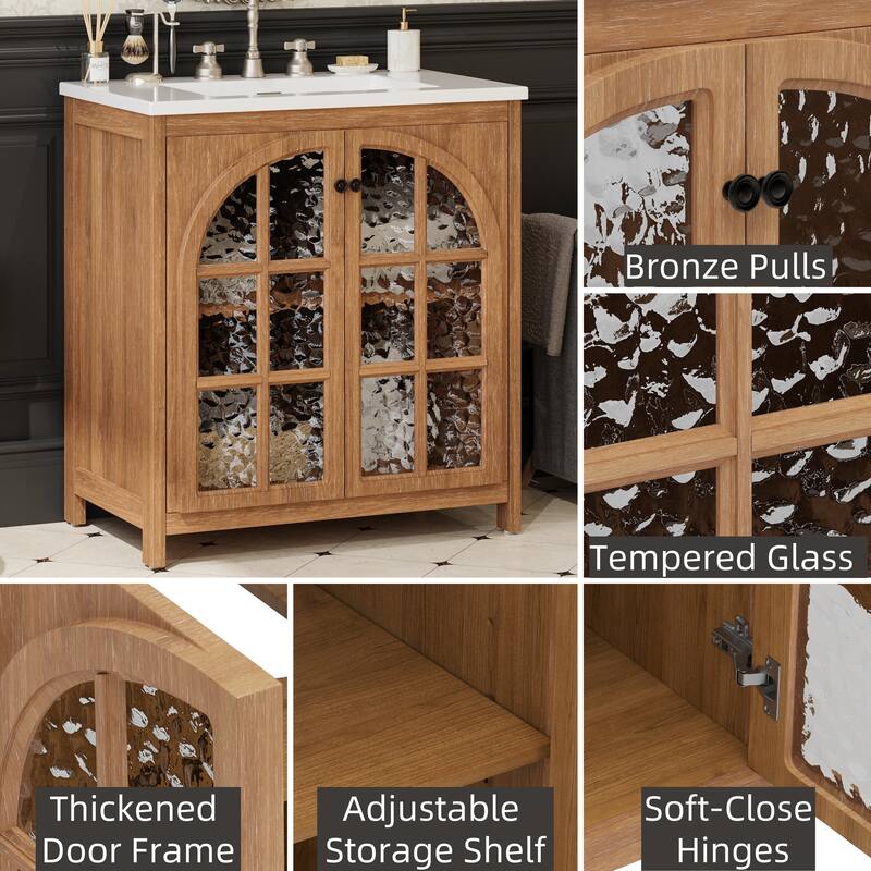 31" Farmhouse Bathroom Vanity with Ceramic Sink, Vintage Rustic Bathroom Cabinet with Bronze Pulls and 2 Soft-Closing Doors