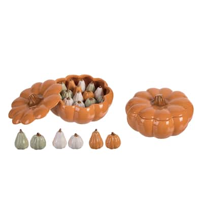 Transpac Dolomite 11 in. Multicolor Harvest Pumpkin Salt and Pepper Shaker Shakers with Display Set of 19