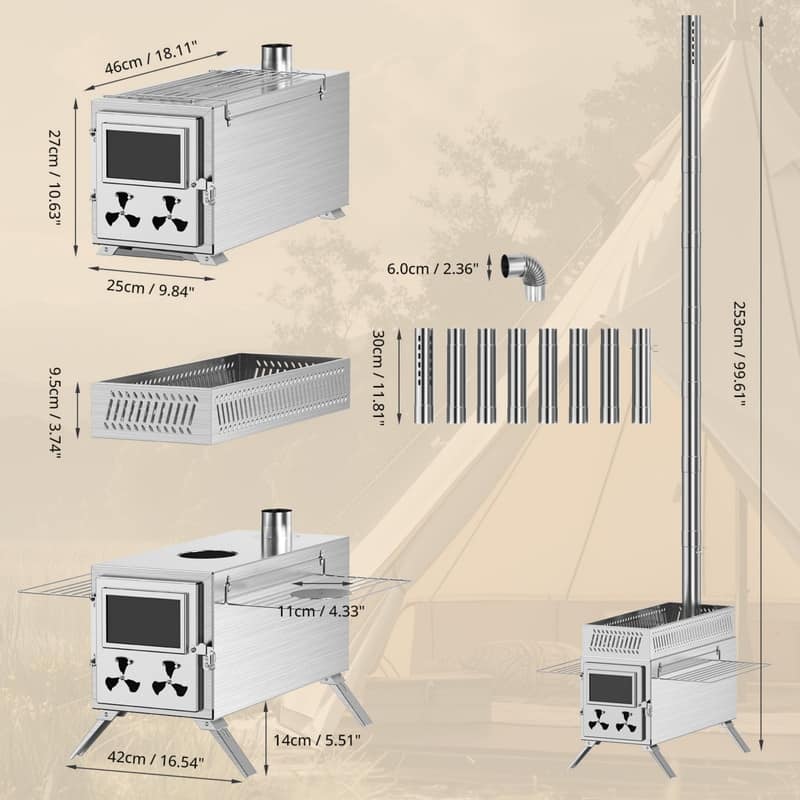 Wood Burning Sauna Hot Tent Stove, 2 in 1 Stove with Chimney Pipe