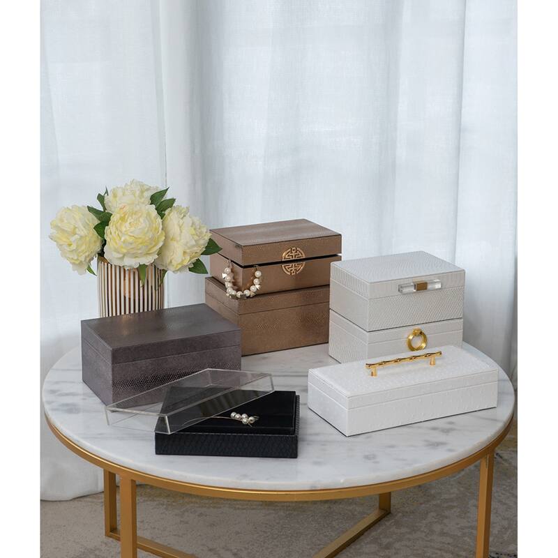 Faux Leather Boxes with Geometric Clasp - 10.25" - Bronze and Gold - Set of 2