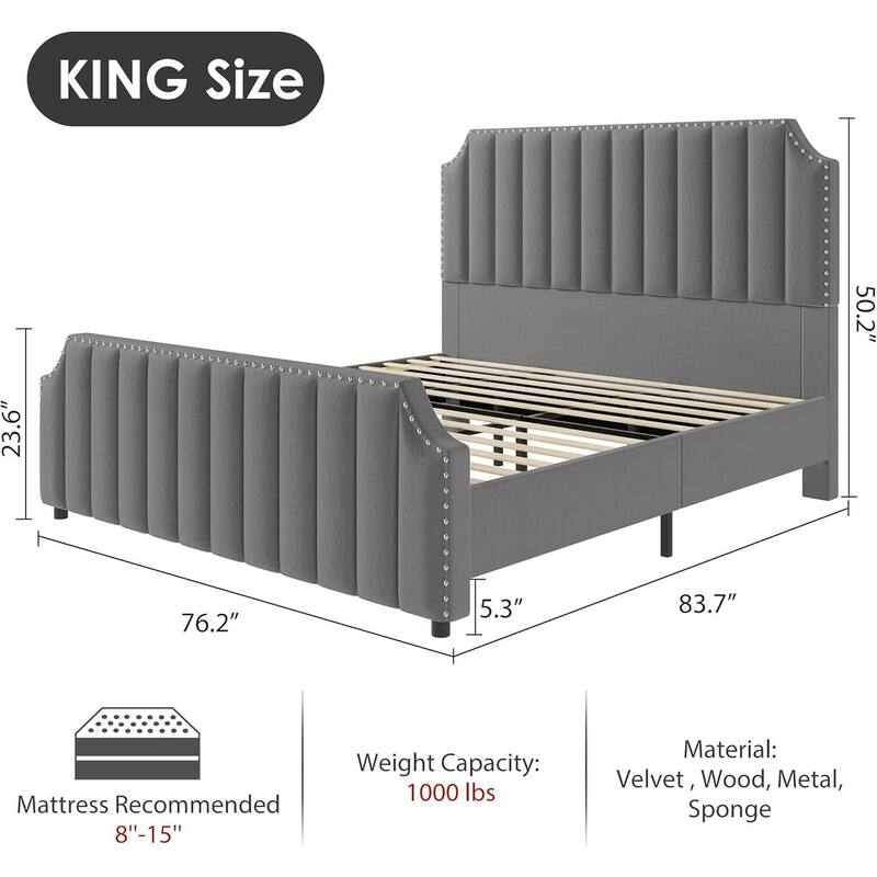 Queen/ King Size Velvet Bed Frame, 50.2" Tall Headboard & Footboard, Upholstered Platform Bed Frame No Box Spring Needed