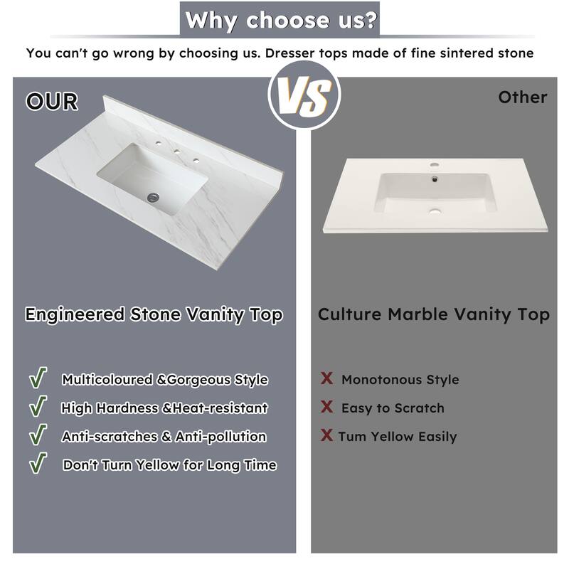 43" Bianco Venato Carrara White Vanity Top with Ceramic Sink, 4" Backsplash, Pre-Drilled Faucet Hole, Sintered Stone Material