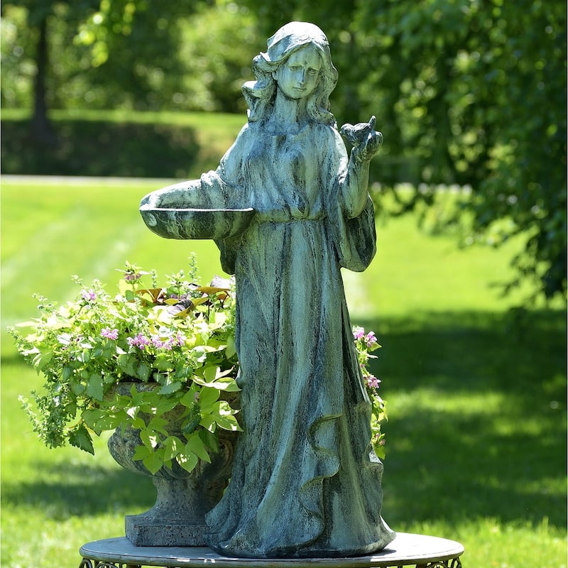 38" Standing Girl with Bird Statue - Green - Polyresin - Medium