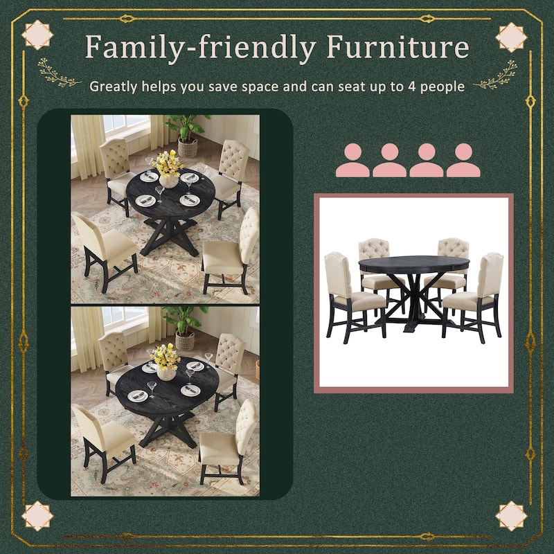 5 Pcs Wooden Round Dining Table Set, Kitchen Dining Table Chair Set with Extendable Table and 4 Upholstered Chairs