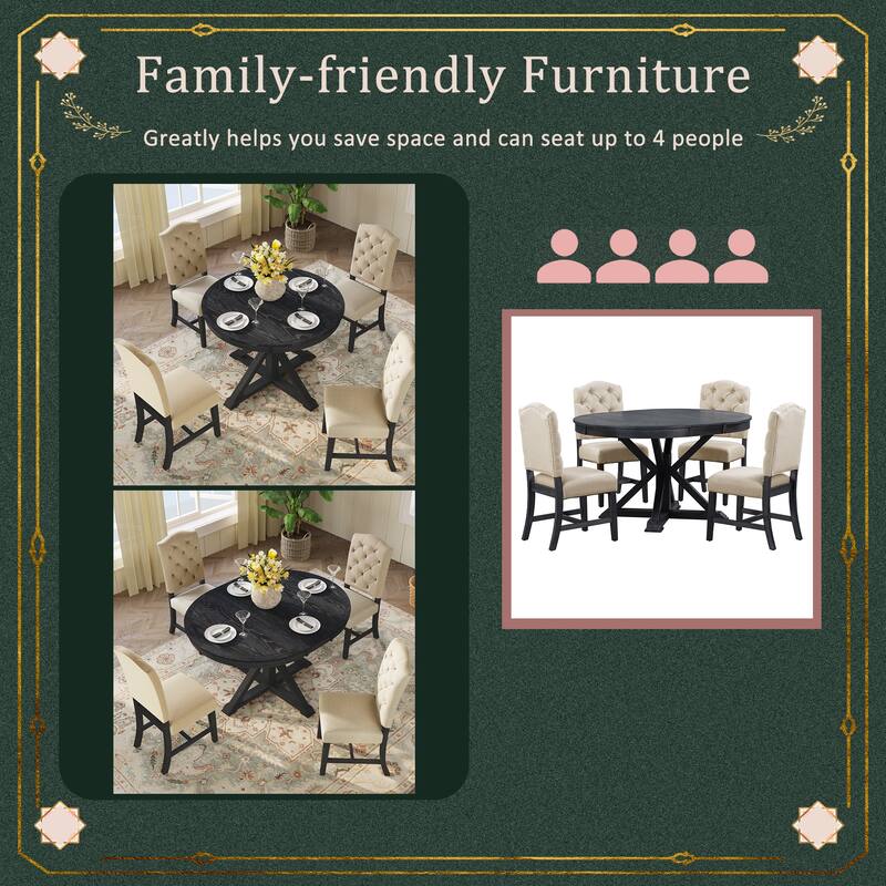 5 Piece Kitchen Dining Table Set, Wood Round Dining Table Set with Extendable Table and 4 Upholstered Chairs for Dining Room