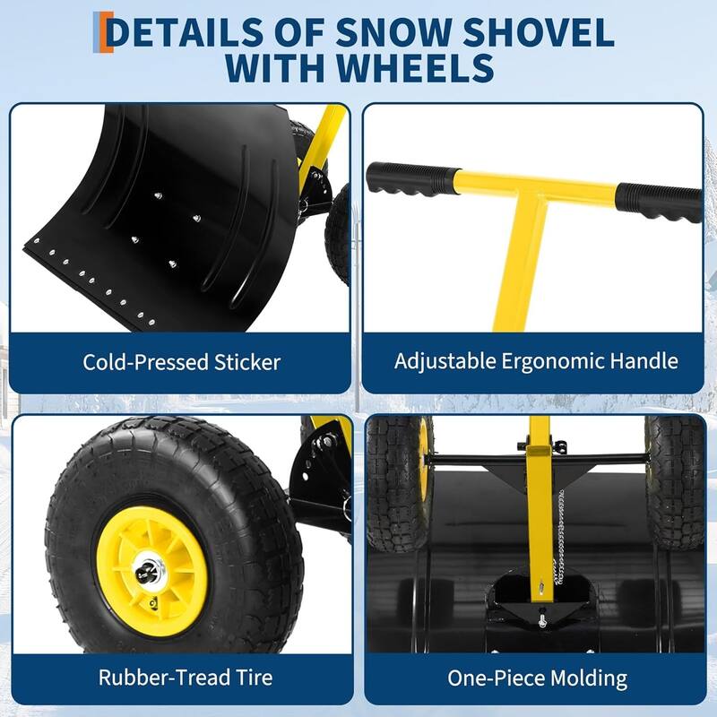 29.1 Wx 19.3 H Ergonomic T-Handle Heavy Duty Snow Shovel with Wheels for Driveway, Sidewalk