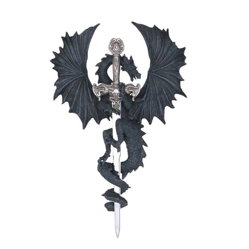 Q-Max 12"H Black Dragon with Sword Wall Plaque Décor Figurine