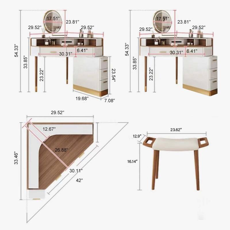 Modern Corner Makeup Vanity Table with LED Lighted Mirror, Vanity Desk with 5 Drawers, Piano Finish, Solid Wood Legs, Stool
