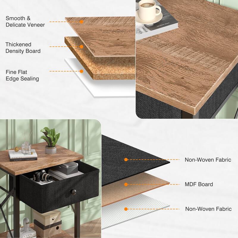 VECELO X Frame Nightstand with Removable Fabric Drawer Easy to Clean Nightstand Multifunctional End Table with Open Shelf