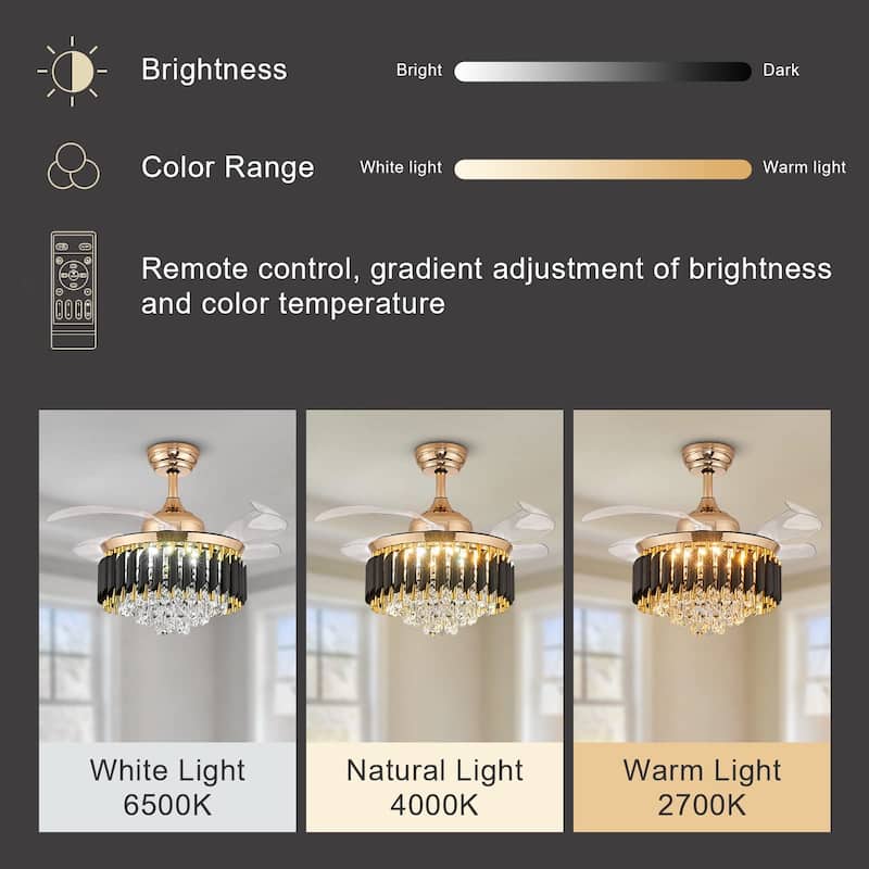 Modern Gold Black Retractable Crystal Ceiling Fan With Lights, Dimmable LED Luxury Chandelier Ceiling Fan With Remote Control