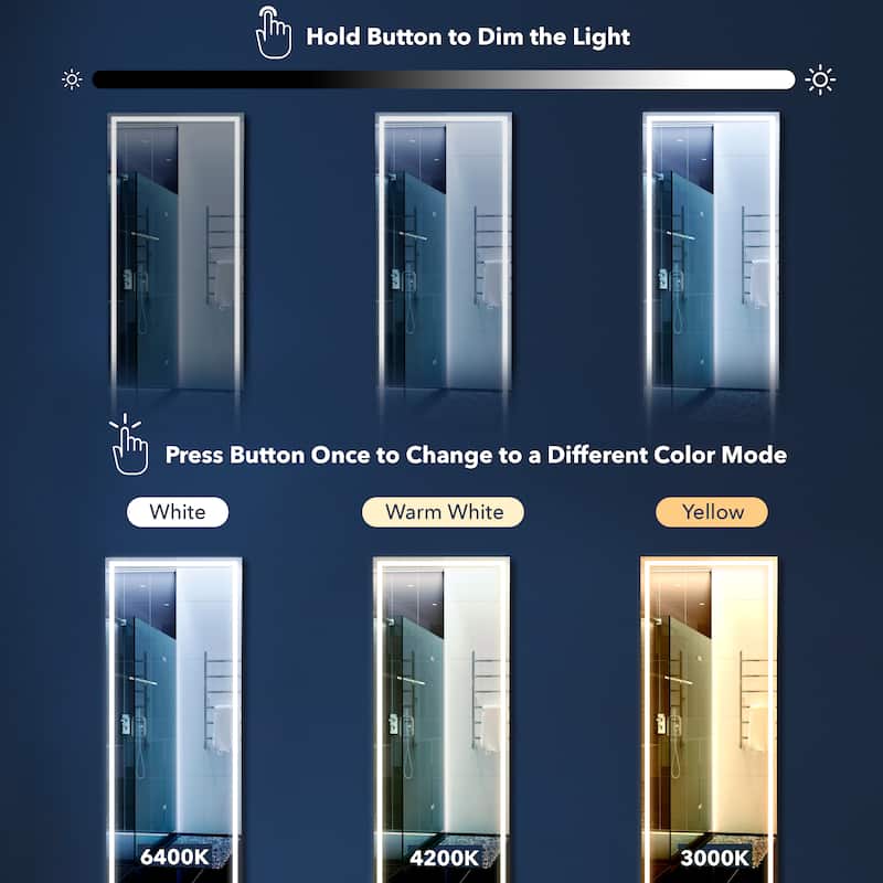 Pax Full-length Rectangular Frameless Anti-Fog Aluminum Front-lit Tri-color LED Freestand/Hang Mirror with Smart Touch Control