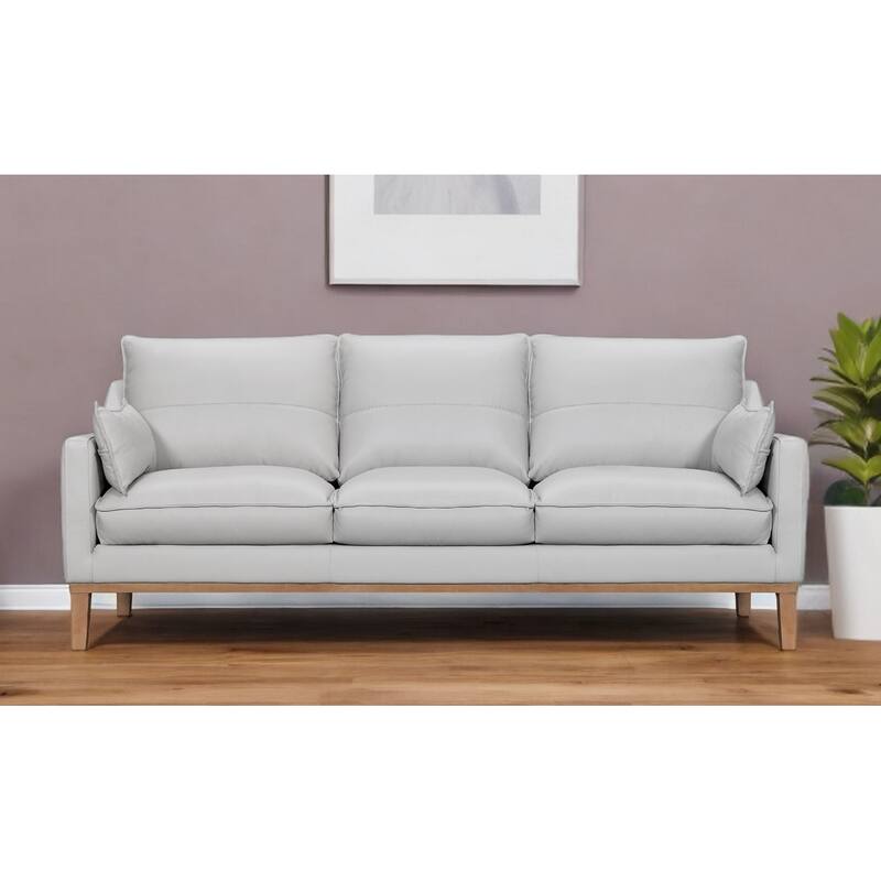 HomeRoots 87" Gray Leather Sofa And Toss Pillows With Brown Legs - Grey