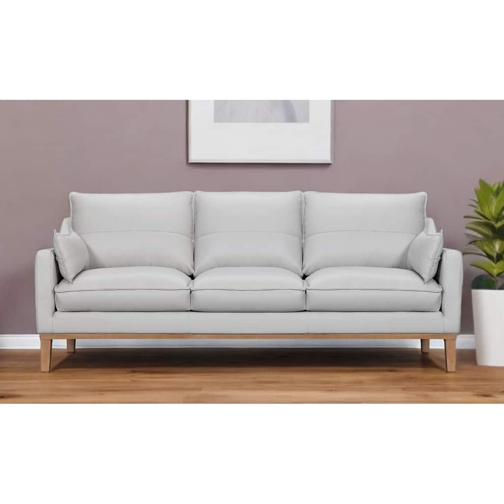 HomeRoots 87" Gray Leather Sofa And Toss Pillows With Brown Legs