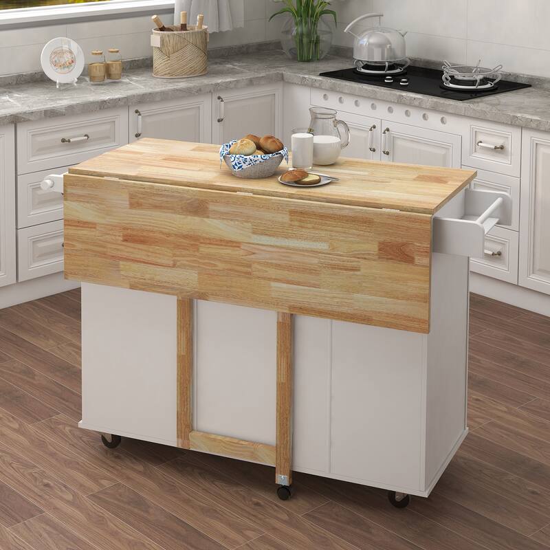 Kitchen Island with Extensible Wood Table Top, Mobile Island Cart on Locking Wheels, Portable Island Cart with 3 Drawers & Door