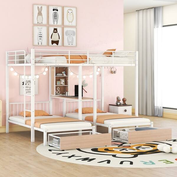 slide 2 of 27, Full Over Twin & Twin Triple Bunk Bed with Drawers, Multi-Functional Metal Frame Bed with desks and Shelves in The Middle