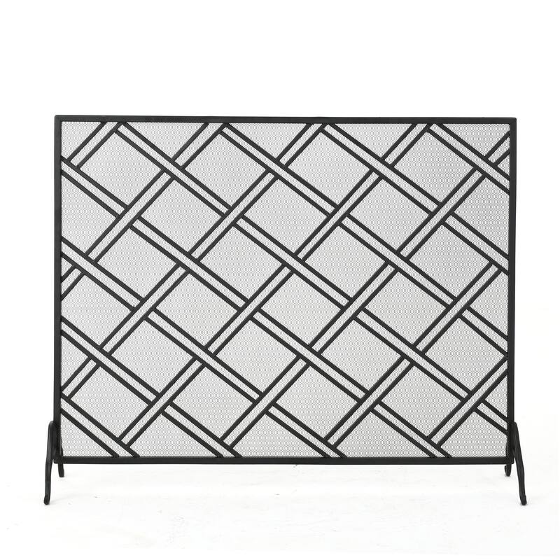 Roomfitters Single Panel Iron Fireplace Screen, Modern Diagonal Lattice Geometric Spark Guard for Hearth Safety, Mesh, Black