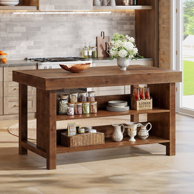 Solid Wood Kitchen Island, Open Storage Counter Height Table, Kitchen Dining/Living Room Coffee Bar Accent Island