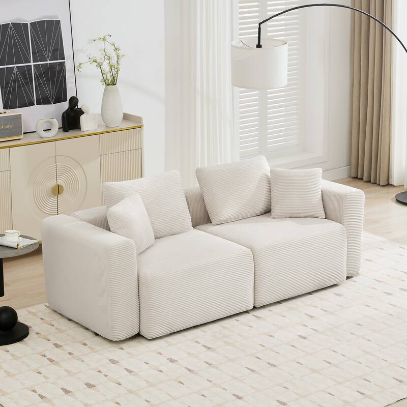 Corduroy Sectional Modular Sofa with Square Arms & Ottoman Extension for Flexible Arrangements