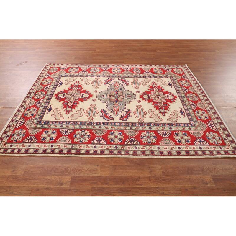 Kazak Oriental Area Rug Hand-Knotted Beige Geometric Wool Carpet - 5'1" x 6'7"
