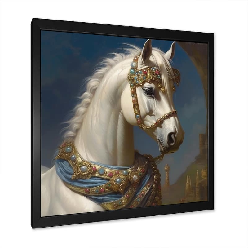 Designart "Portrait Of Majestic White Horse" Animals Horse Framed Wall Art Living Room