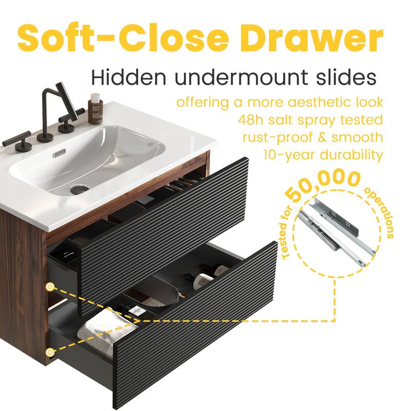 30" Wall Mounted Soft Black & Walnut Bathroom Vanity with Integrated Ceramic Sink with 3 holes