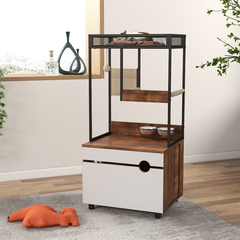 Hidden Cat Litter Box Enclosures with Cat Tree Tower - White+Vintage
