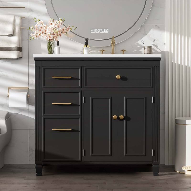 Bathroom Vanity Cabinet with Sink,with One Tip-out Drawer,3 Side Drawers,Adjustable Shelf - Black