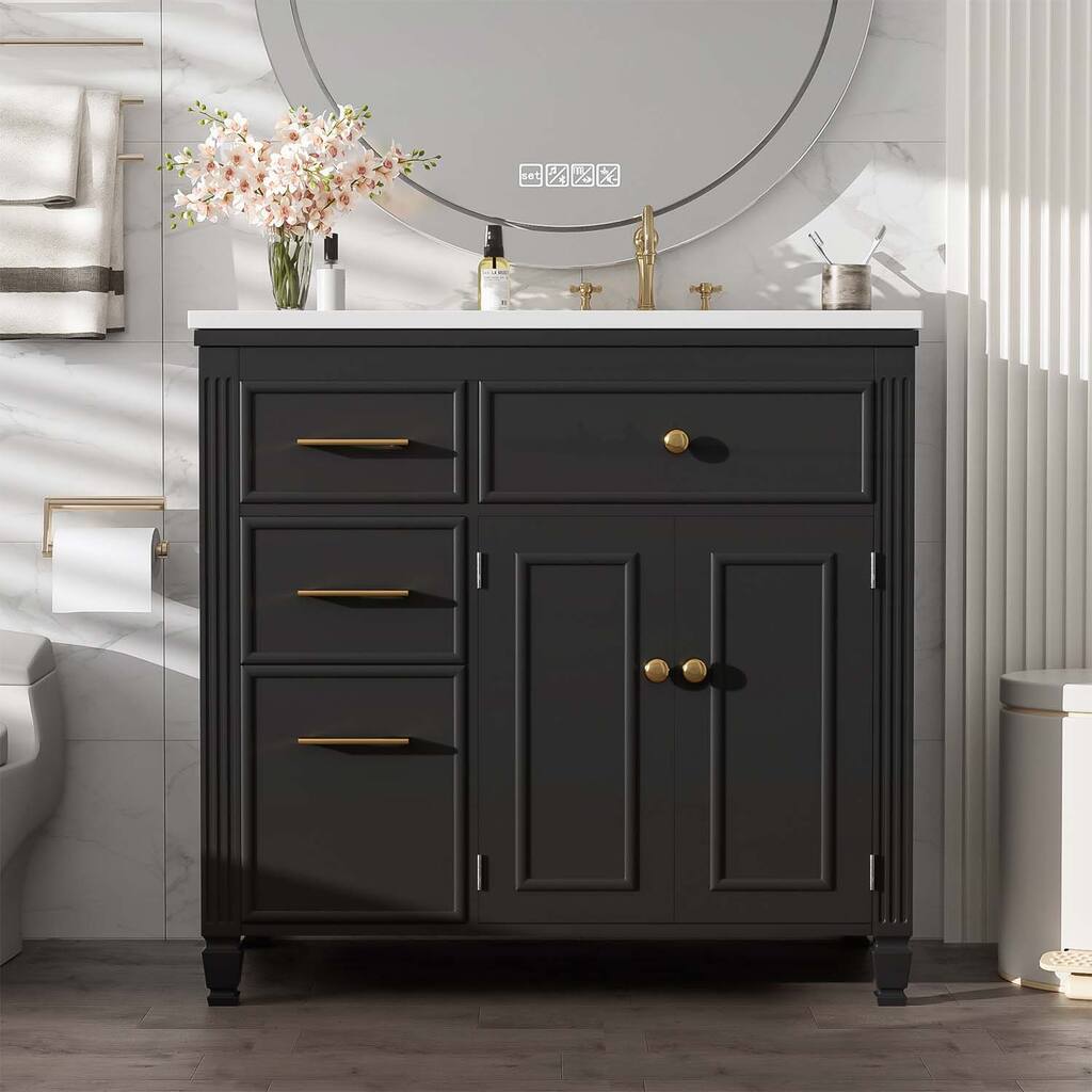 Freestanding Vanity Set with One Tip-out Drawer,3 Side Drawers,Adjustable Shelf