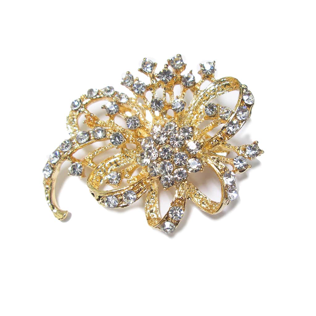 Set of 2 Gold Floral Crystal Rhinestone Brooch Pin Decorative Accent Piece 1.75in - 1.75" H x 2.25" W x 0.75" DP