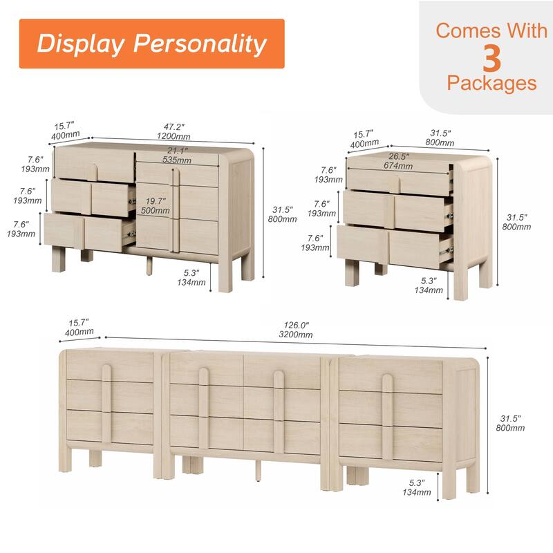 WAMPAT 3-Piece Dresser Set For Bedroom, 110.2" Large Mid Century Dresser For Closet, Curved Profile Wooden Chest Of Drawers