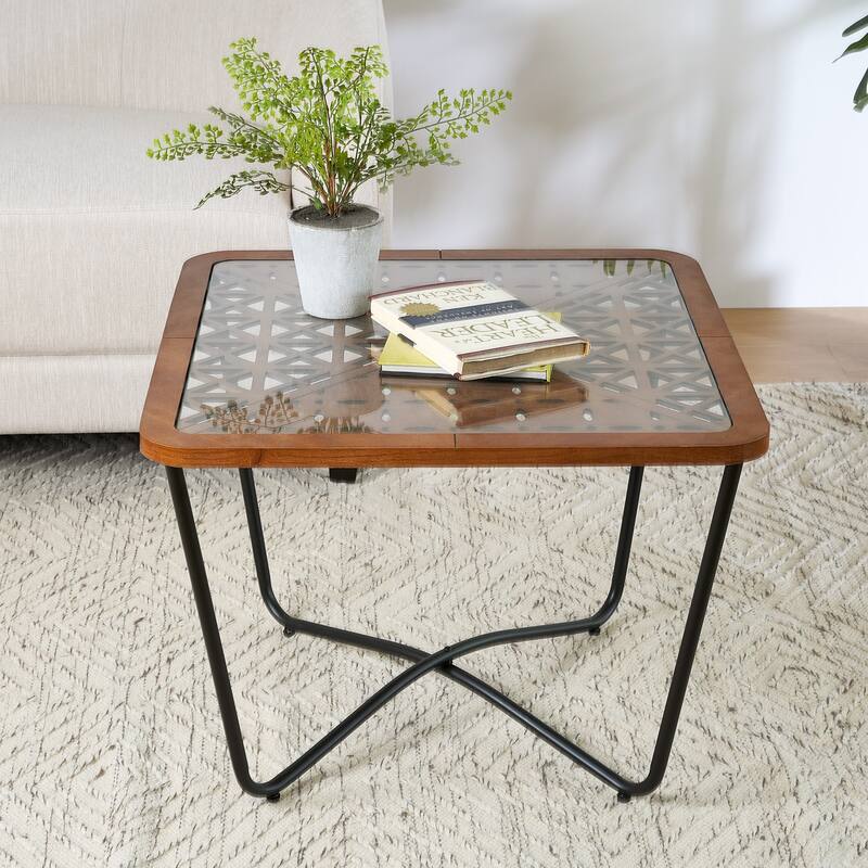 Roomfitters Small Coffee Table with Glass Inset and Wood Frame, Mid-Century Living Room Side Table, Walnut