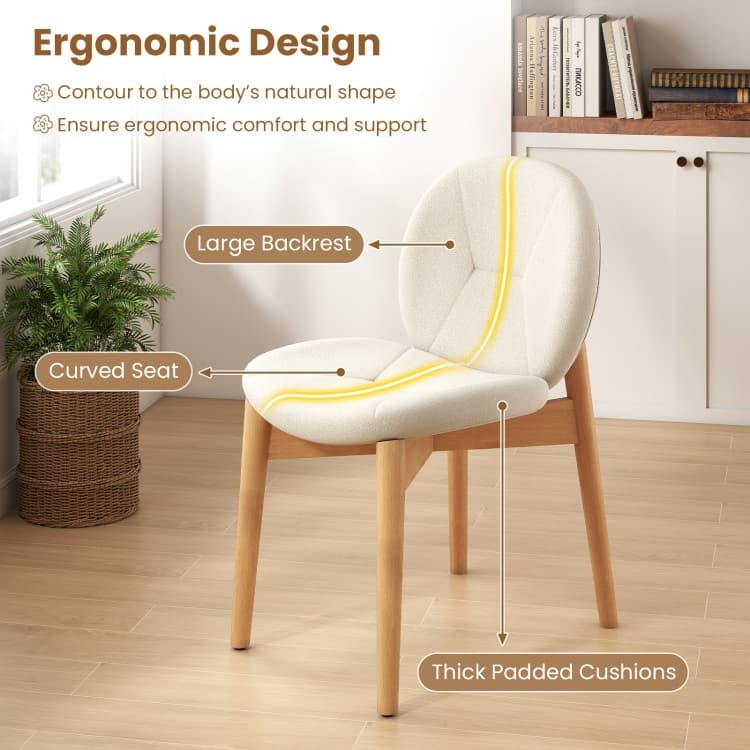 White-Natural Rubber Wood Dining Chair Set of 2 with Boucle Cushion and Ergonomic Design - 20" x 24" x 33"