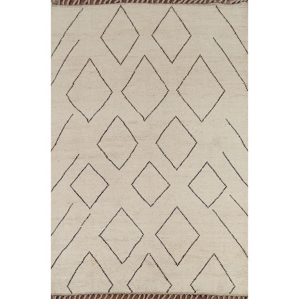 Geometric Modern Ivory Moroccan Oriental Rug Hand-Knotted Wool Carpet - 5'10"x 7'8"